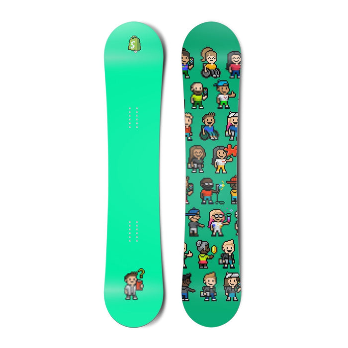 Top and bottom view of a snowboard. The top view shows a pixelated Shopify bag logo and a pixelated
character reviewing a clipboard with a questioning expression with a bright green-blue background. The bottom
view is a pattern of many pixel characters with a bright green-blue background.