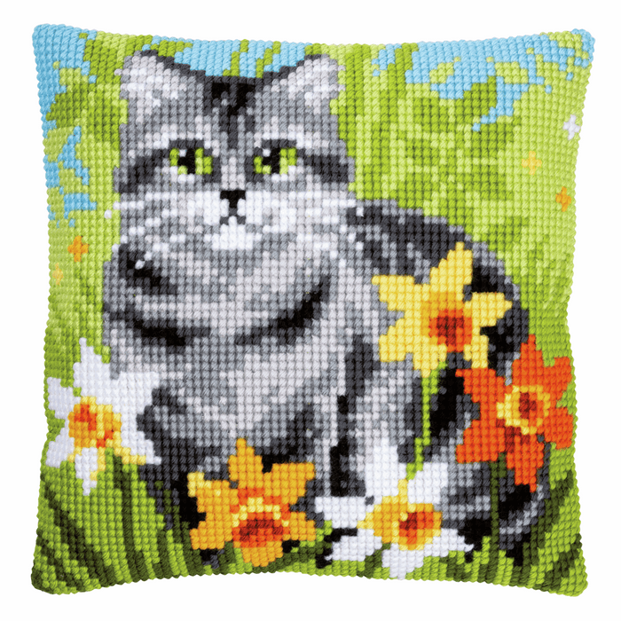 Cross Stitch Kit: Cushion: Cat Between Flowers