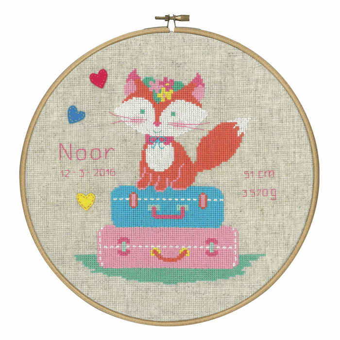 Counted Cross Stitch Kit Birth Record: Lief! Fox on Travel