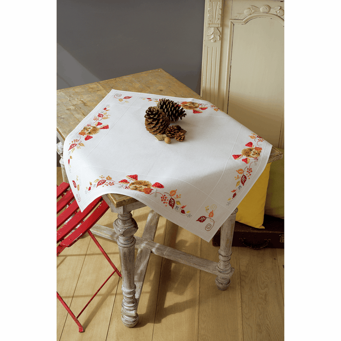 Counted Cross Stitch Tablecloth: Hedgehog & Mushrooms