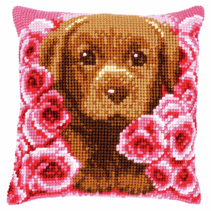 Cross Stitch Kit: Cushion: Puppy Between Roses