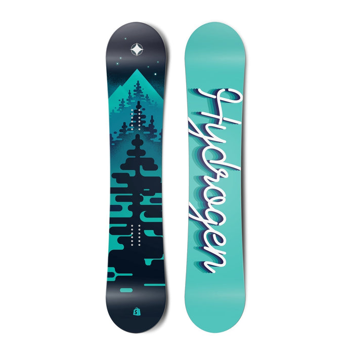 The top and bottom view of a snowboard. The top has view is turquoise and black with graphics of
        trees. The bottom view is turquoise with the word hydrogen written in cursive.