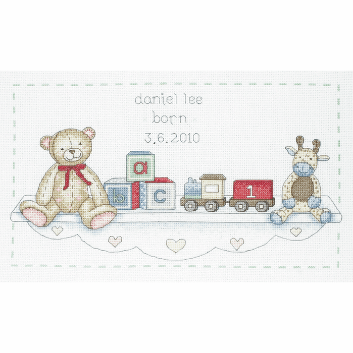Counted Cross Stitch Kit: Birth Record: The Toy Shelf