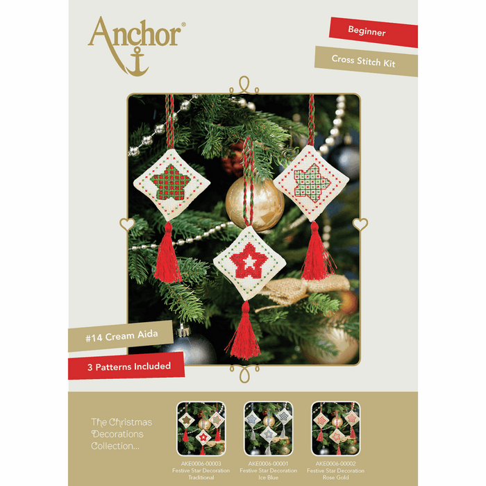 Counted Cross Stitch Kits: Christmas Decorations: Stars: Green/Red