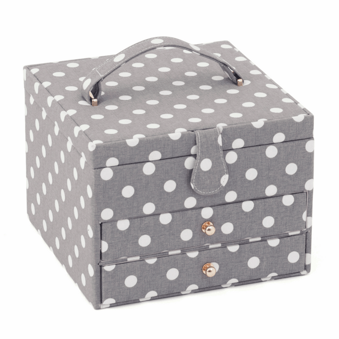 Sewing Box (L): 2 Drawer: Square: Grey Linen Polka Dot