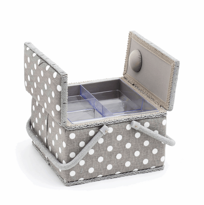 Sewing Box (L): Twin Lid: Square: Grey Linen Polka Dot