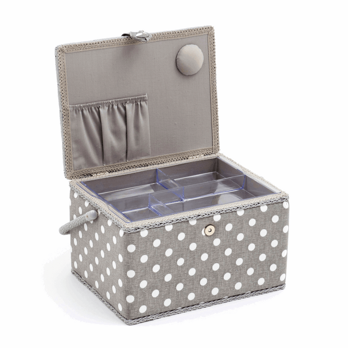 Sewing Box (L): Grey Linen Polka Dot