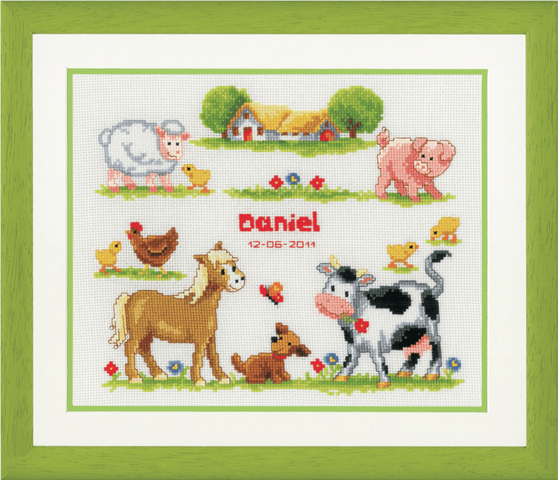 Counted Cross Stitch Kit: Birth Record: Farm Animals