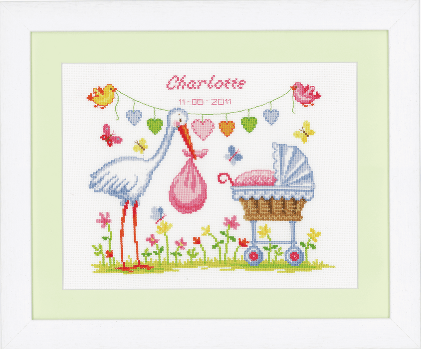 Counted Cross Stitch Kit: Birth Record: Stork & Pram