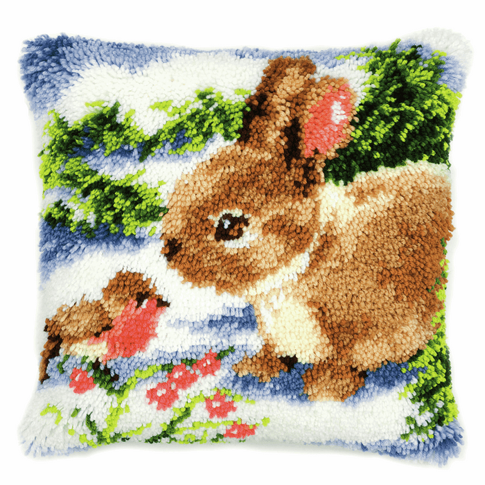 Latch Hook Kit: Cushion: Winter Scene Rabbit and Robin