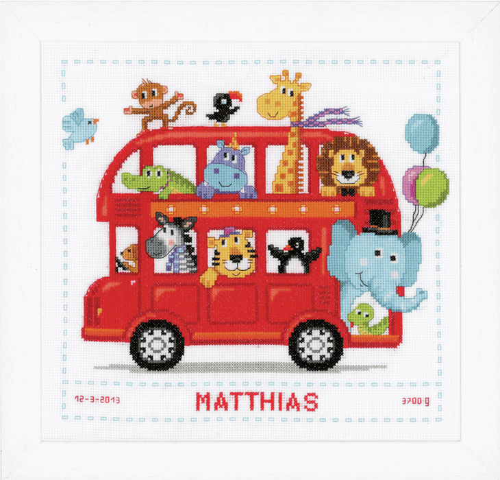 Counted Cross Stitch Kit: Birth Record: Funny Bus