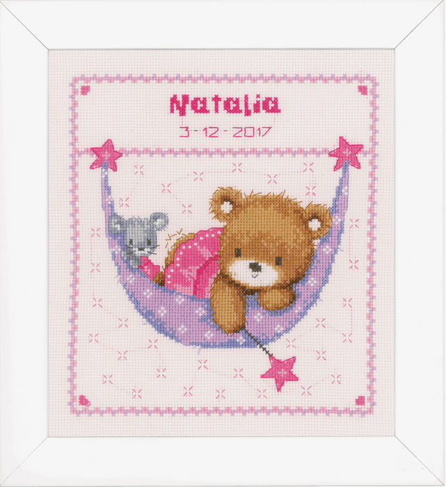 Counted Cross Stitch Kit: Birth Record: Little Bear in Hammock (Pink)