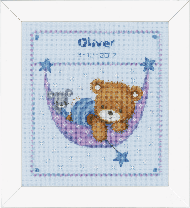 Counted Cross Stitch Kit: Birth Record: Little Bear in Hammock (Blue)
