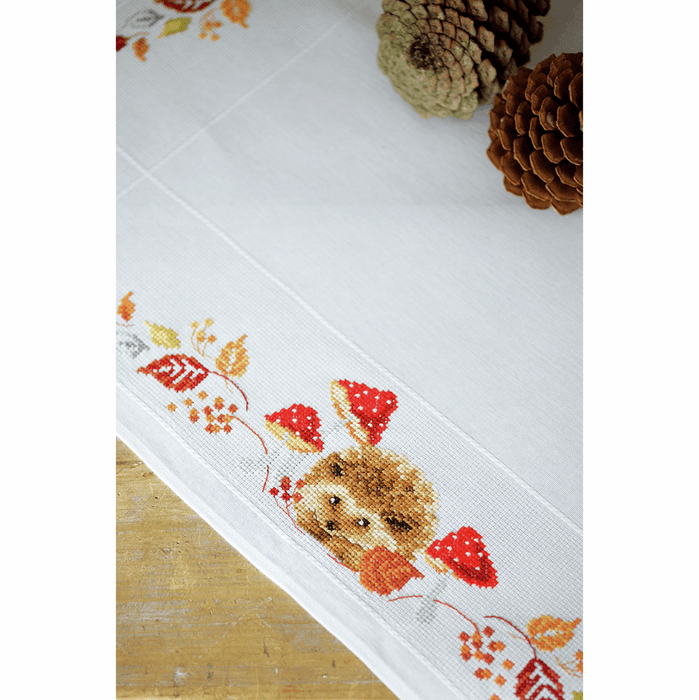 Counted Cross Stitch Tablecloth: Hedgehog & Mushrooms