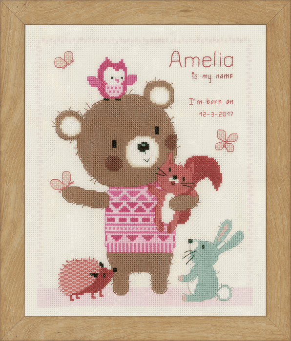 Counted Cross Stitch Kit: Birth Record: Cute Animal Friends