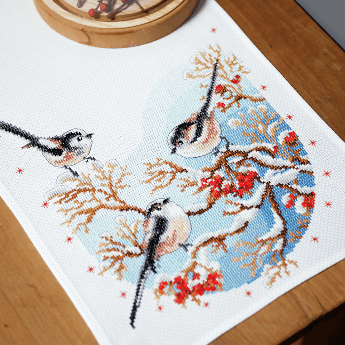 Counted Cross Stitch Kit: Runner: Long-Tailed Tits & Red Berries